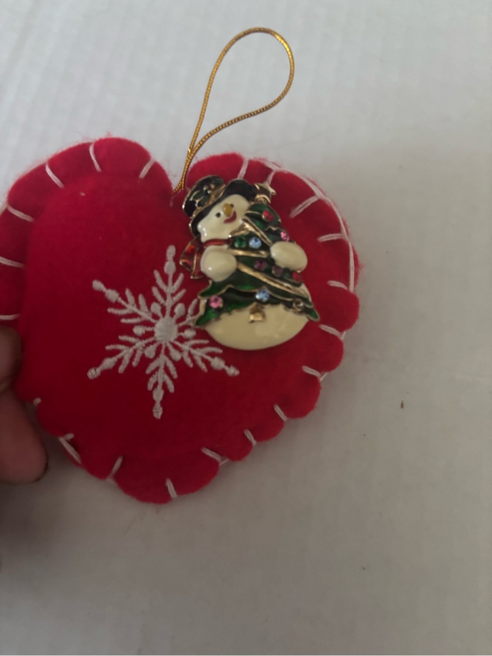 Red Heart Holiday Ornament with Festive Snowman Pin